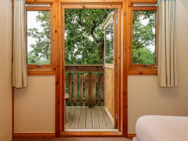 A bedroom with an open wooden door leading to a balcony surrounded by trees at Lodge 45 - Lazy Bear in Finlakes Holiday Park near Chudleigh