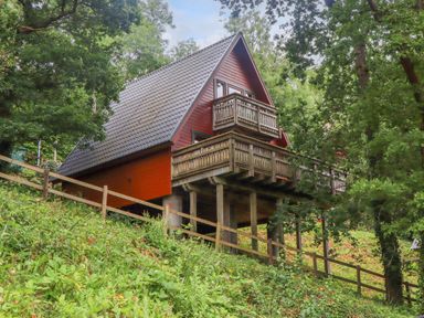 A wooden cabin with balconies on stilts surrounded by trees and greenery at Lodge 45 - Lazy Bear in Finlakes Holiday Park near Chudleigh