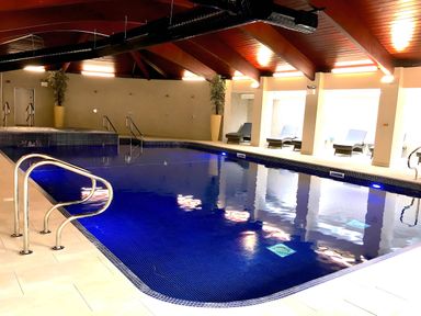 An indoor swimming pool with metal handrails lounge chairs and plants at Lodge 45 - Lazy Bear in Finlakes Holiday Park near Chudleigh