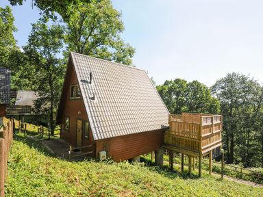 An A-frame wooden lodge with a tiled roof and a wooden deck on stilts surrounded by trees at Lodge 47 - Primrose Lodge Finlakes Holiday Park near Chudleigh
