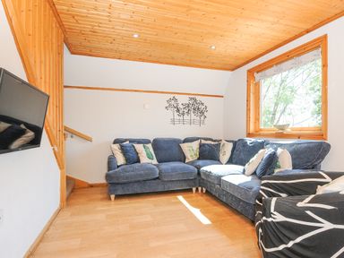 A living room with a blue sectional sofa and cushions next to a large window at Lodge 47 - Primrose Lodge Finlakes Holiday Park near Chudleigh