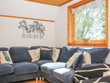 A corner seating area with blue fabric sofas and cushions near a window with a wooden frame at Lodge 47 - Primrose Lodge in Finlakes Holiday Park near Chudleigh