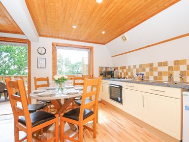 A kitchen with a round dining table set for six and cabinets along one wall at Lodge 47 - Primrose Lodge Finlakes Holiday Park near Chudleigh
