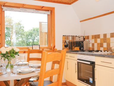 A kitchen with a dining table set with plates and glasses next to a window and an oven with a microwave at Lodge 47 - Primrose Lodge Finlakes Holiday Park near Chudleigh