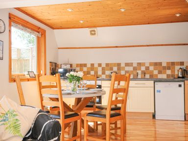 A kitchen and dining area with wooden chairs around a round table set with plates and glasses at Lodge 47 - Primrose Lodge Finlakes Holiday Park near Chudleigh