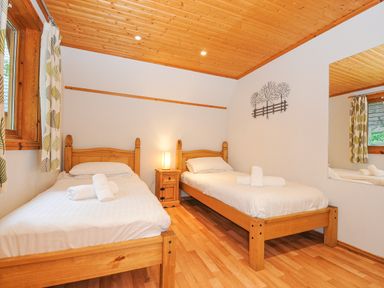 A bedroom with two single wooden beds a nightstand with a lamp and a wall decoration at Lodge 47 - Primrose Lodge Finlakes Holiday Park near Chudleigh