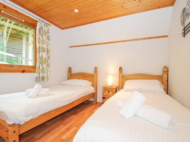 A bedroom with two single beds a wooden nightstand with a lamp and a window with patterned curtains at Lodge 47 - Primrose Lodge Finlakes Holiday Park near Chudleigh