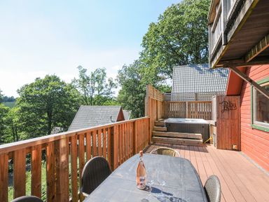 A wooden balcony with table and chairs a bottle and glasses and a hot tub at Lodge 47 - Primrose Lodge in Finlakes Holiday Park near Chudleigh