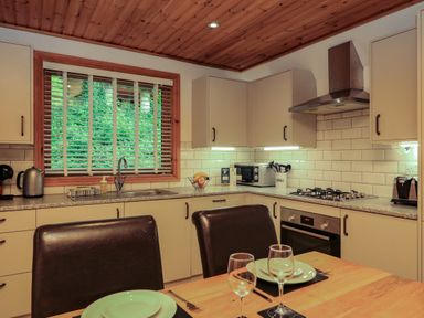 A kitchen with dining table chairs gas stove oven and window with blinds at Lodge 58 - Oak Tree Lodge Finlakes Holiday Park near Chudleigh
