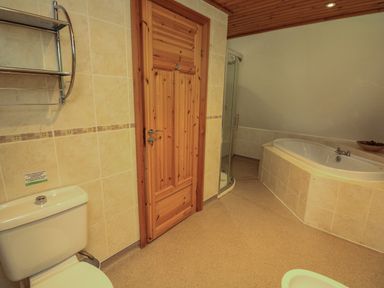 A bathroom with a wooden door a bathtub a shower enclosure a toilet and a metal towel rack at Lodge 58 - Oak Tree Lodge Finlakes Holiday Park near Chudleigh
