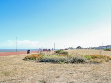 An open grass area with planted flowers near a walkway by the sea at Tiffany's Cottage in Gorleston-On-Sea