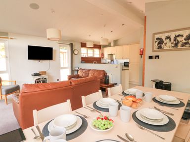 A dining table set with plates cups and cutlery in an open plan kitchen and living area with brown leather sofas and a wall mounted TV at Woodland View 7 - Oak Cabin Finlakes Holiday Park near Chudleigh