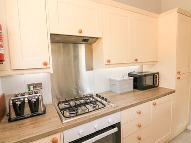 A kitchen countertop with a toaster microwave bread box and stovetop burners at Woodland View 7 - Oak Cabin Finlakes Holiday Park near Chudleigh