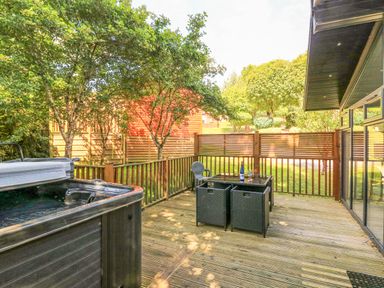A wooden deck with a hot tub a table with chairs and trees at Woodland View 7 - Oak Cabin Finlakes Holiday Park near Chudleigh