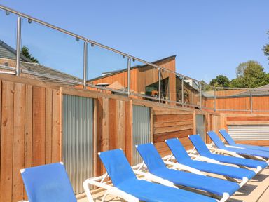 A row of blue lounge chairs next to a wooden fence with glass railing at Woodland View 7 - Oak Cabin at Finlakes Holiday Park near Chudleigh