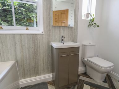 A bathroom with a sink cabinet a toilet a window with plants and a mirror on the wall at Flat 1 - Sandbanks in Bournemouth