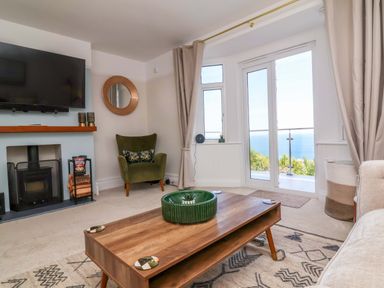 A living room with a television, fireplace and sliding door at Combe View Ilfracombe
