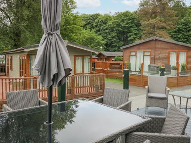 An outdoor seating area with a glass table a closed umbrella and wicker chairs near wooden cabins surrounded by trees at Mon in Troutbeck Bridge