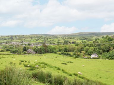 A green field with sheep and houses in the distance at Llys-y-Wennol in Penmachno