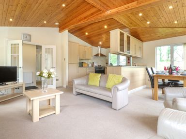 An open plan living room and kitchen with a beige sofa, wooden dining table, TV on a wooden stand and wooden ceiling at Lodge 3 At Pound Farm Crook near Kendal