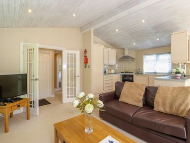 A living room with a brown sofa, wooden coffee table with flowers, television on a stand and an open doorway at Lodge 7 At Pound Farm in Crook near Kendal