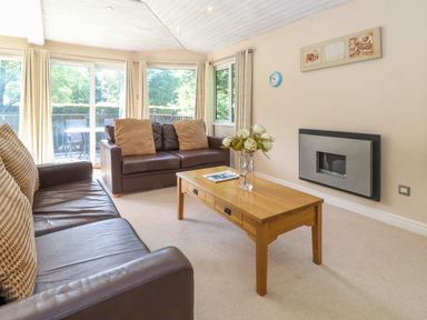 A living room with two brown leather sofas a wooden coffee table with flowers a wall mounted fireplace and large windows at Lodge 7 At Pound Farm Crook near Kendal