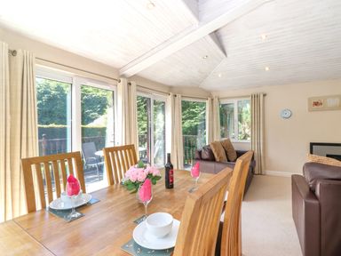 A dining area with a wooden table set with plates glasses and pink napkins next to a sitting area with brown sofas and windows at Lodge 7 At Pound Farm Crook near Kendal