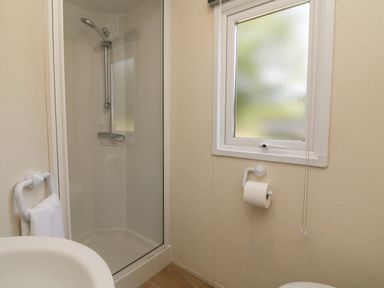 A bathroom with a shower cabin a towel holder with a towel a window and a toilet paper holder at 23 Manleigh Park in Combe Martin