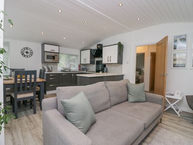 An open plan kitchen and living area with a sofa in front and a dining table with chairs near the kitchen at Don's Lodge in Grasmere 3 White Cross Bay near Windermere