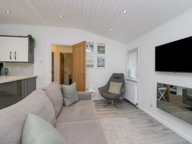 A living room with a gray sofa, armchair, wall-mounted television, and open wooden door at Don's Lodge in Grasmere 3 White Cross Bay near Windermere