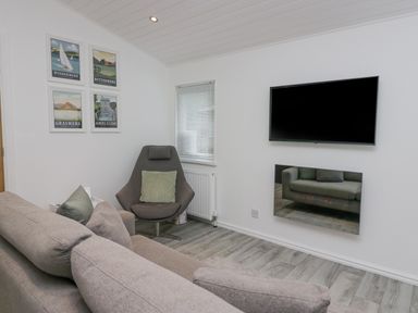 A living room with a gray sofa, a gray armchair, a wall-mounted TV, and framed pictures on the wall at Don's Lodge Grasmere 3 White Cross Bay near Windermere