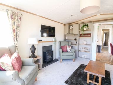 A living room with armchairs a television above a fireplace shelves and a wooden coffee table at Saorsa in St Fillans