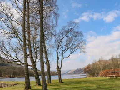 A grassy area with bare trees near a lake and hills in the background at Saorsa in St Fillans
