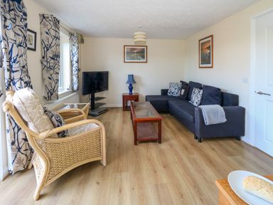 A living room with a TV angled in the corner a dark sofa with patterned cushions a wicker chair with cushions and floral curtains at 74 Reap Lane Southwell near Weston