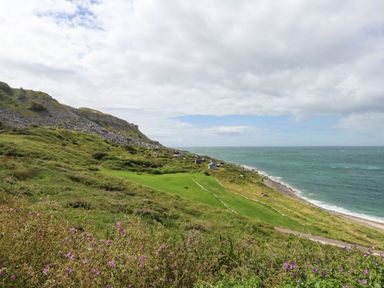 A coastal hillside with green grass and purple flowers by the sea at 74 Reap Lane Southwell near Weston