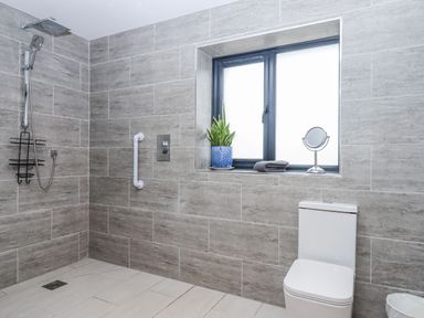A bathroom with a shower and a toilet at Lower Moorwood in Moorwood near Bovey Tracey