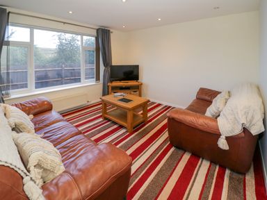 A living room with two brown leather sofas a wooden coffee table a television and a striped red carpet at Fenny Marina Cottage in Fenny Bentley