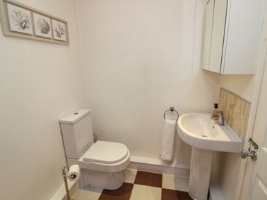 A bathroom with a toilet sink towel holder and framed wall art at Fenny Marina Cottage in Fenny Bentley