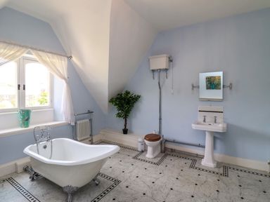 A bathroom with a freestanding bathtub a toilet with a high cistern a sink and a potted plant at North Wing in Middleton Hall Estate near Belford