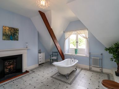 A bathroom with a freestanding bathtub a fireplace a blue chair and a window with curtains at North Wing in Middleton Hall Estate near Belford