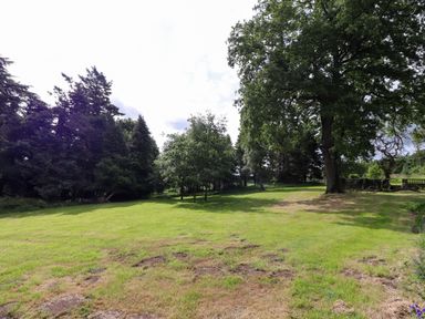 A grassy lawn area with multiple trees and a stone fence in the background at North Wing in Middleton Hall Estate near Belford