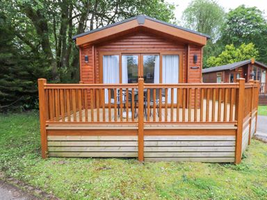 A wooden cabin with a porch and patio furniture surrounded by grass and trees at Tawny Owl Lodge Coniston 4 White Cross Bay near Windermere