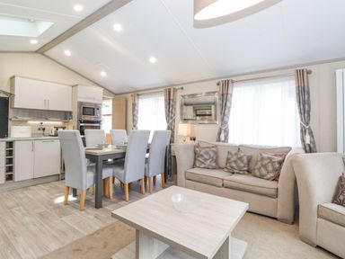 A living room and kitchen area with a dining table and chairs a beige sofa and armchair at Tawny Owl Lodge Coniston 4 White Cross Bay near Windermere