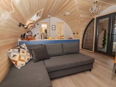 A living area with a grey sofa and pillows next to a counter with food and drinks under a wooden arched ceiling at Lapwing in Chapel Le Dale near Ingleton