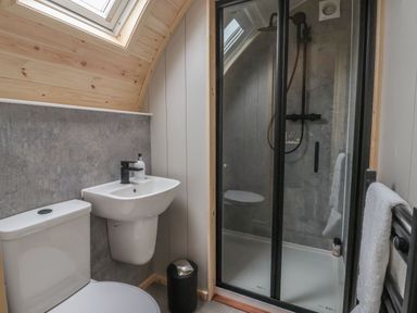 A bathroom with a toilet sink and shower enclosure at Lapwing in Chapel Le Dale near Ingleton