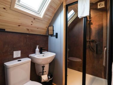 A bathroom with a toilet sink and shower at Oyster Catcher in Chapel Le Dale near Ingleton