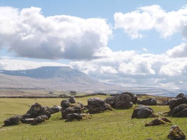 A grassy field with large rocks and a mountain in the background under a cloudy sky at Heron in Ingleton