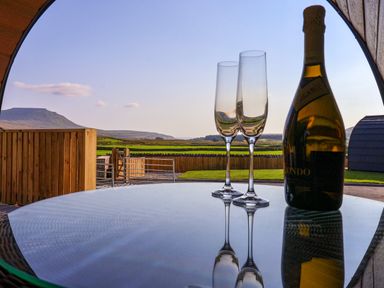 A glass table with two empty wine glasses and a bottle with an outdoor view of fields and hills at Heron in Ingleton