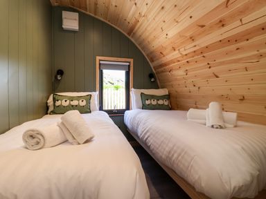 A small bedroom with two single beds green walls and wood panel ceiling at Wren in Ingleton