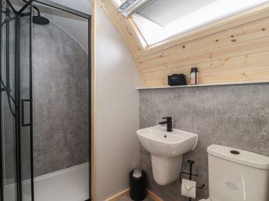 A bathroom with a shower enclosure a sink a toilet and a skylight at Barn Owl in Chapel Le Dale near Ingleton